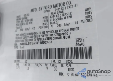 2023 Ford Transit Connect Xl из США, поврежденный, VIN NM0LS7S25P1552481